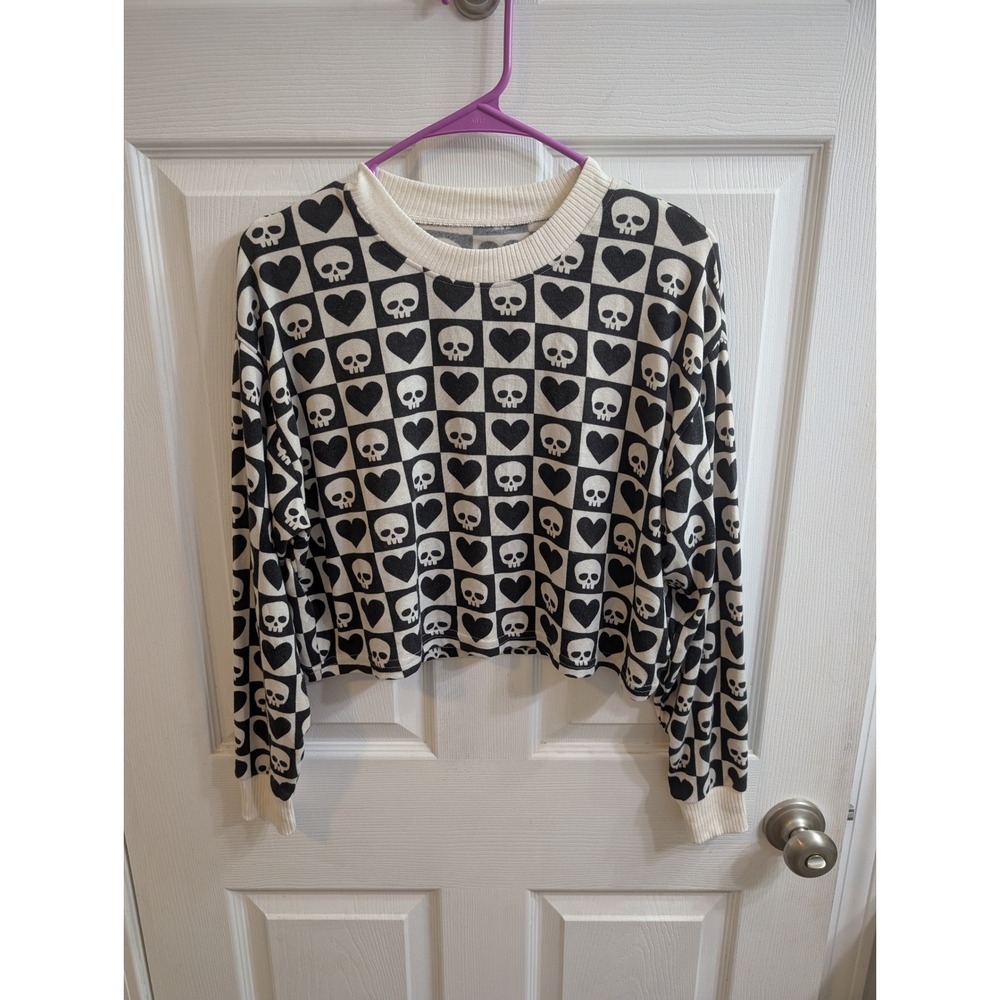 American Eagle Womens Skull Heart Checkerboard Cropped Sweater - Size XS